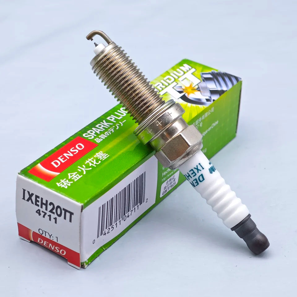 Set of four DENSO Iridium Twin Tip IXEH20TT spark plugs, high-performance automotive ignition components.