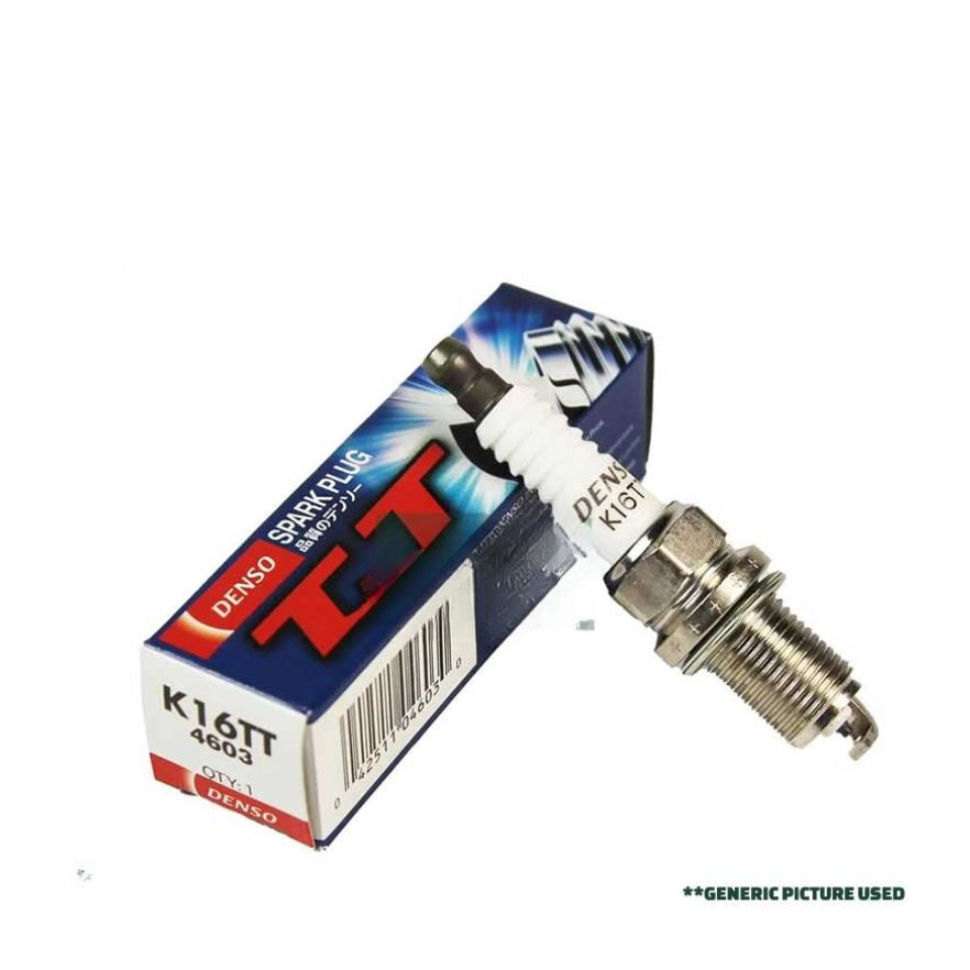 Set of four DENSO K16TT spark plugs, automotive ignition components with copper core and nickel-plated shell.