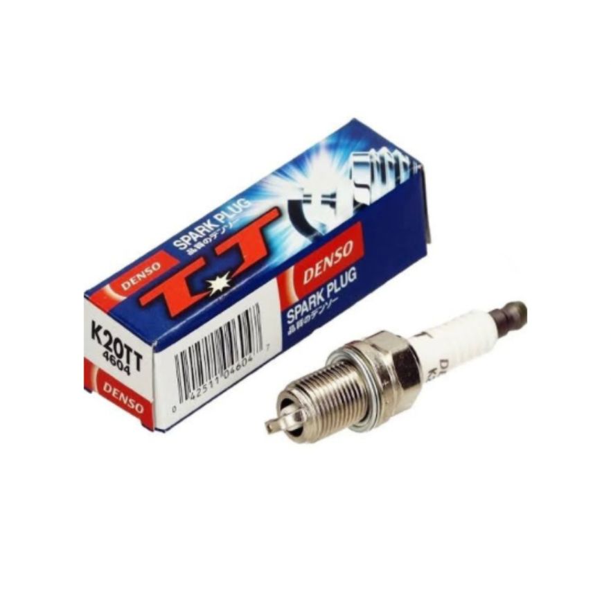 DENSO K20TT spark plug for automotive engines, showing the metal tip and ceramic insulator of the DENSO brand spark plug.