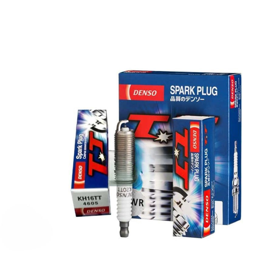 Set of four DENSO KH16TT spark plugs showing metal tips and ceramic insulators for automotive ignition systems.