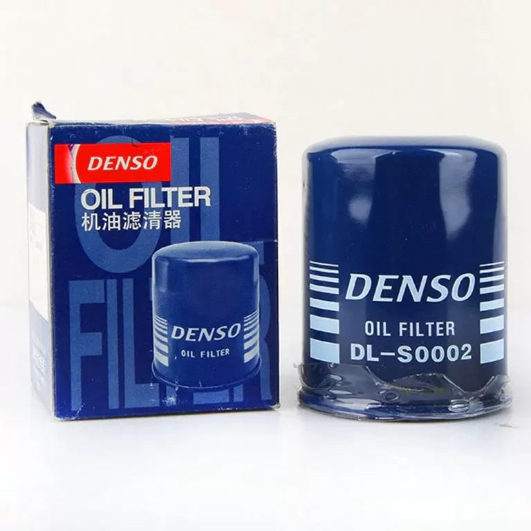 DENSO DL-S0002 oil filter with metal casing and rubber seal for engine oil filtration, designed for automotive use.