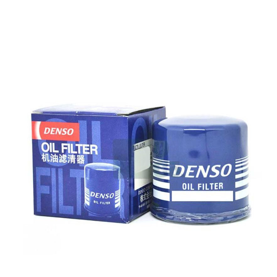 DENSO oil filter DXE-1004 for Toyota vehicles, showing the cylindrical filter with DENSO branding and detailed filter elements.