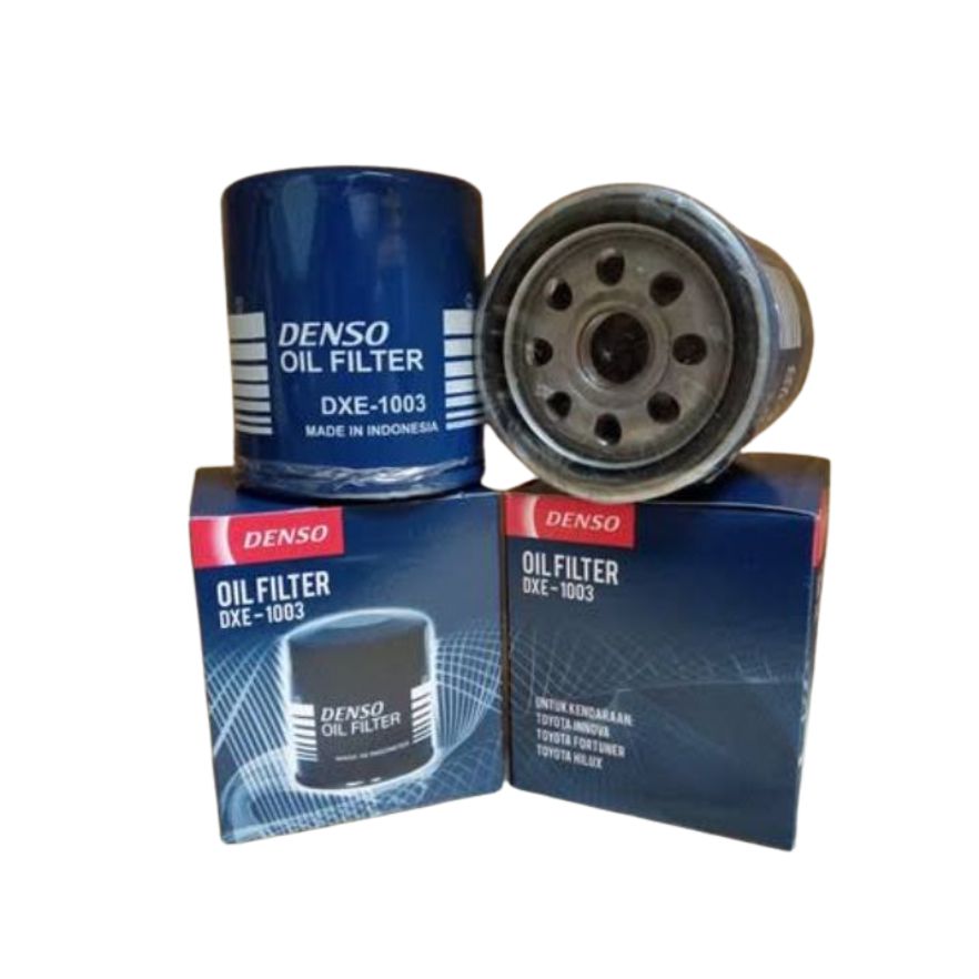 DENSO DXE-1003 oil filter showing metal casing and filter element for vehicle engine oil filtration.