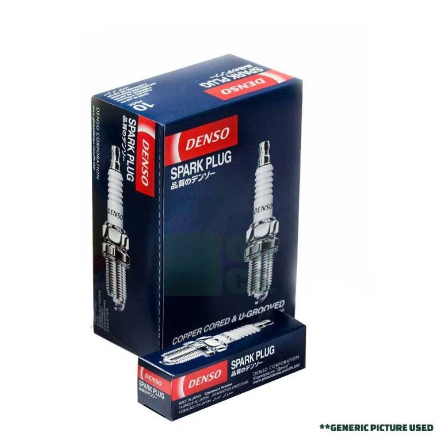 Set of four DENSO PK16TR13 spark plugs, automotive ignition components with metal and ceramic parts for engine performance.