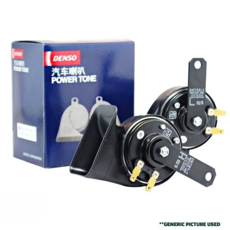 DENSO trumpet horn with double pin, packaged in a box, suitable for vehicle alert systems and automotive use.