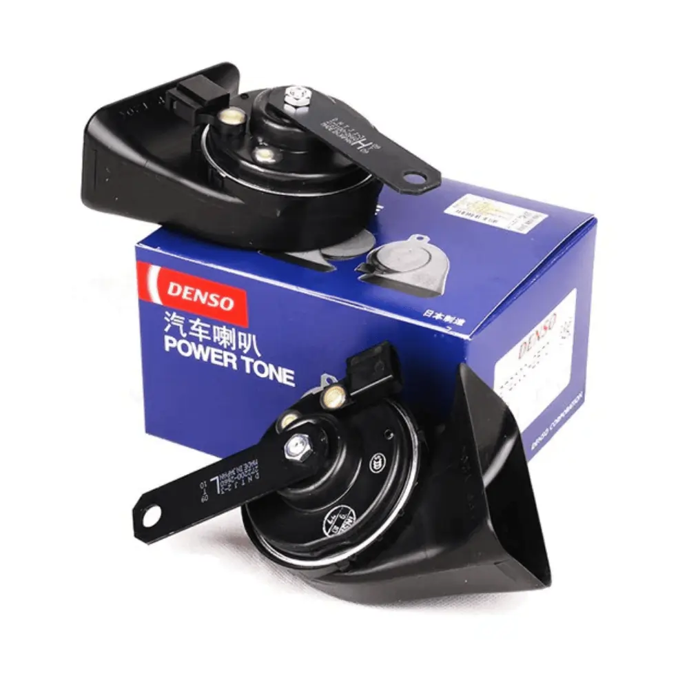 DENSO trumpet horn with single pin, shown in a box, designed for vehicle use, featuring a compact and durable construction.