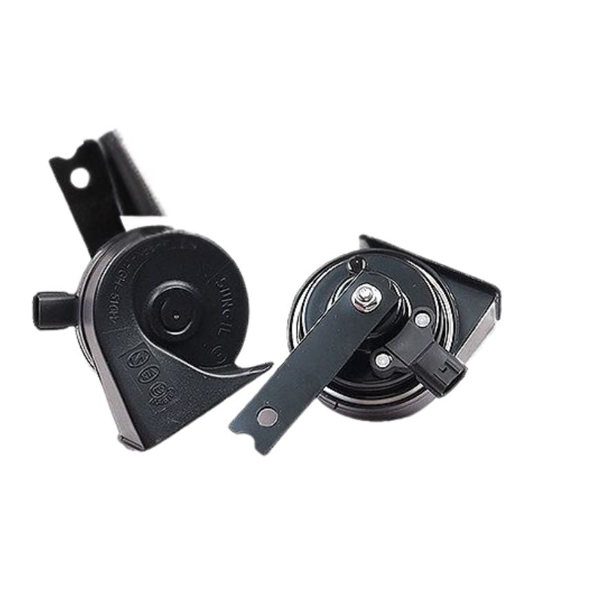 DENSO waterproof trumpet horn with double pin, shown in a box, designed for vehicle alert systems.