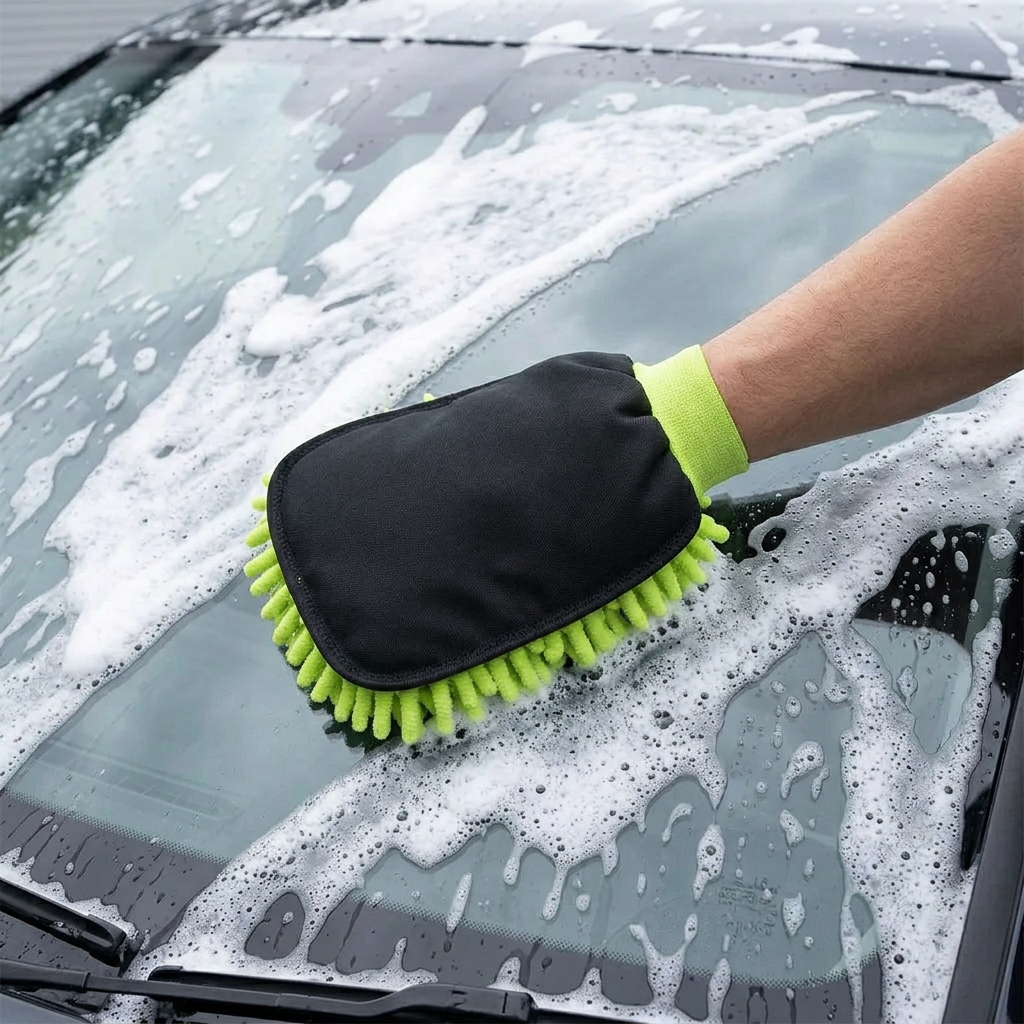 KOMBAT Chenille Microfiber Wash Mitt for car cleaning, single side, soft microfiber for gentle vehicle washing.