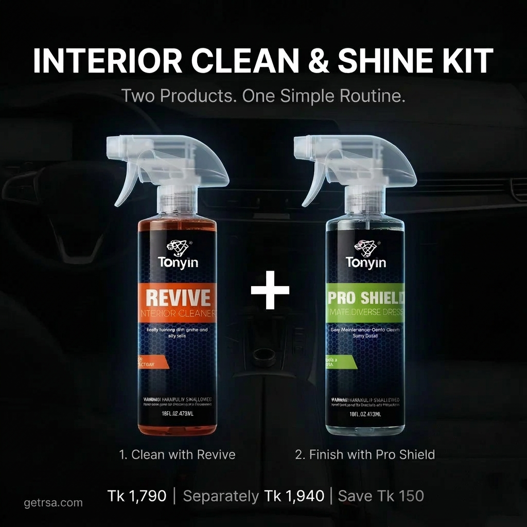 Rocket Science Alliance Interior Clean & Shine Kit with Revive Cleaner and Pro Shield for car interior cleaning and protection.