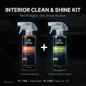 Rocket Science Alliance Interior Clean & Shine Kit with Revive Cleaner and Pro Shield for car interior cleaning and protection.