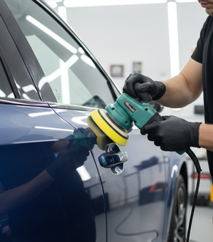 Medium-cut beveled triangle foam pad with hole for spot removal, designed by Rocket Science Alliance for effective detailing.