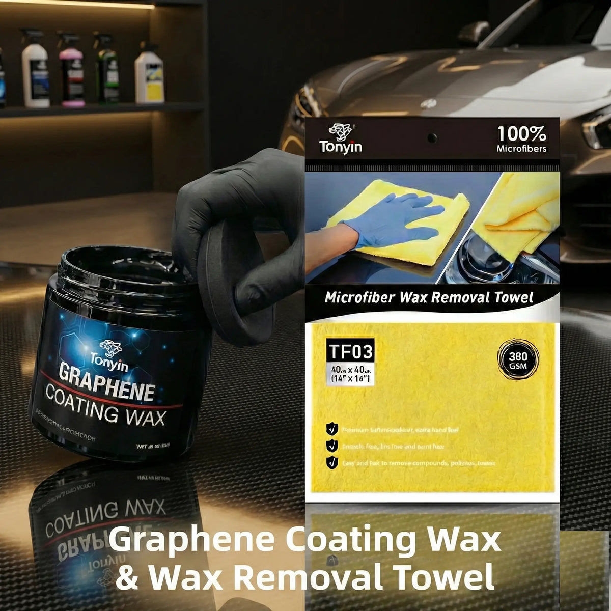 Rocket Science Alliance car bundle with graphene coating wax and removal towel, enhancing gloss and hydrophobic protection.