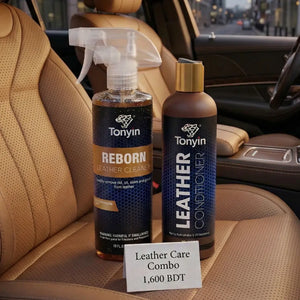 Rocket Science Alliance leather seat cleaner and conditioner kit showing soft, protected car leather seats with a cleaning bottle and applicator.