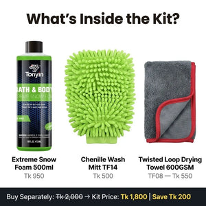 Rocket Science Alliance car wash kit with snow foam, wash mitt, and drying towel for cleaning and detailing vehicles.
