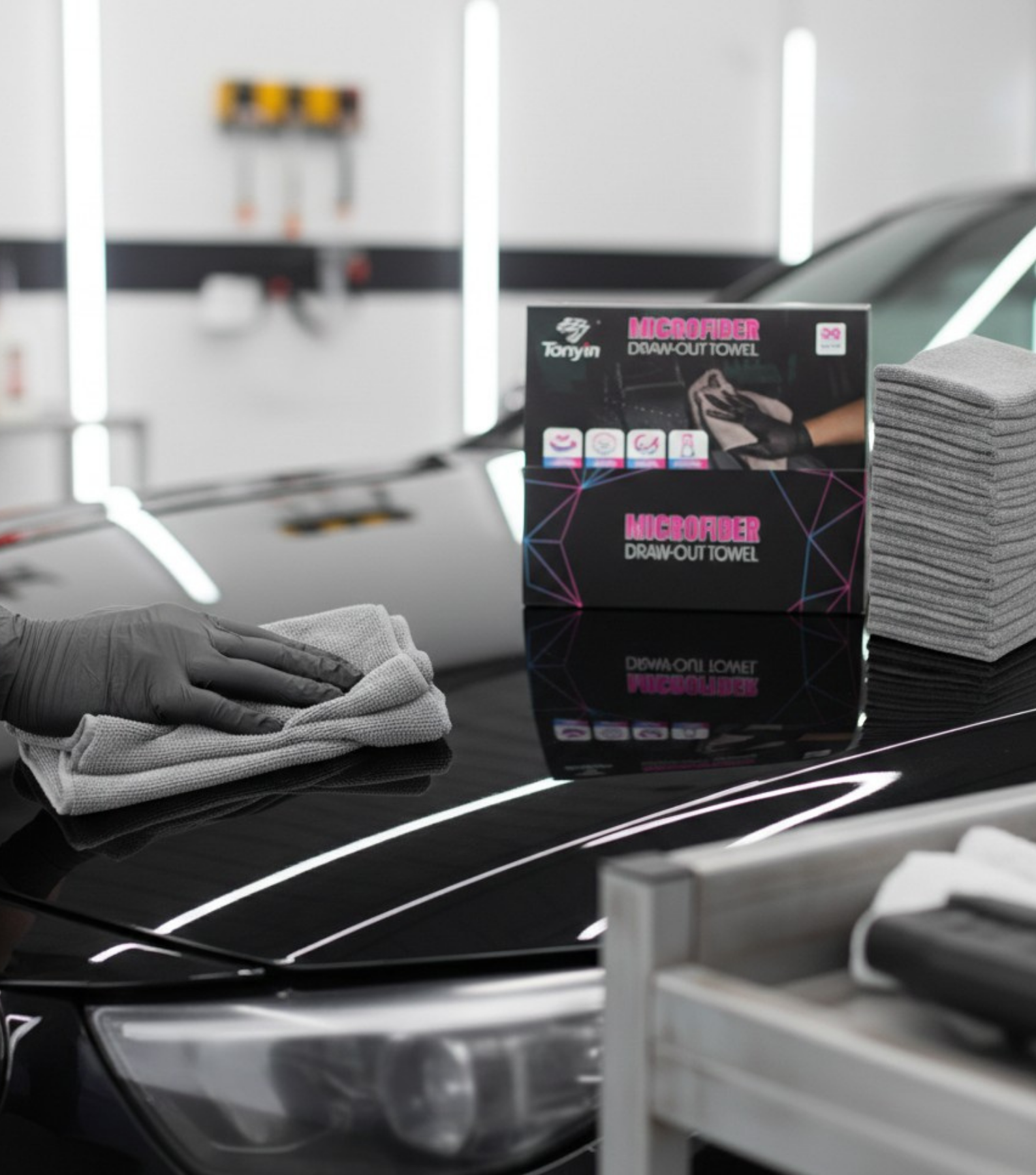 Rocket Science Alliance ceramic coating buffing towel, laser cut seamless design, ideal for spot remover polishing and detailing.