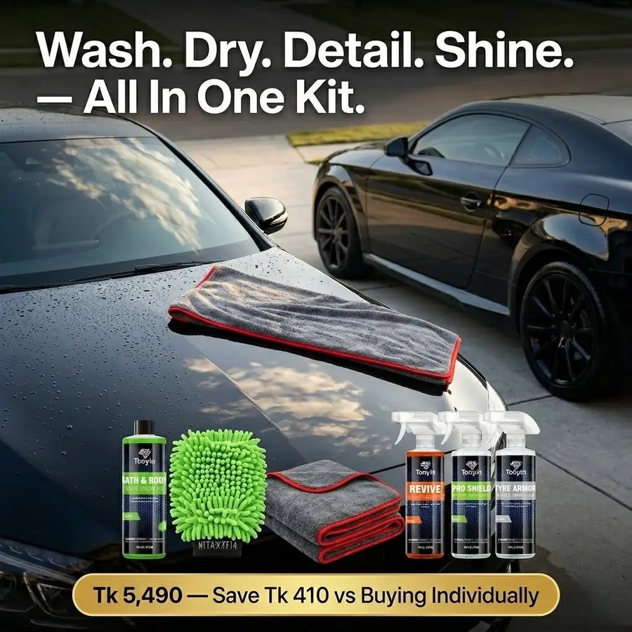 Rocket Science Alliance Complete Wash & Shine Kit with car wash mitt, detailing sprays, and microfiber towels for vehicle cleaning.