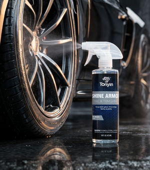 Rocket Science Alliance Tyre & Trim Shine Armor 500ml bottle showing product for a deep wet look that lasts weeks.