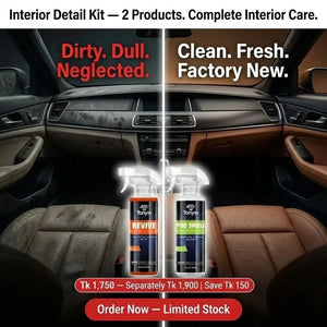 Interior Clean & Shine Kit by Rocket Science Alliance with Revive Cleaner and Pro Shield for vehicle interior cleaning and protection.