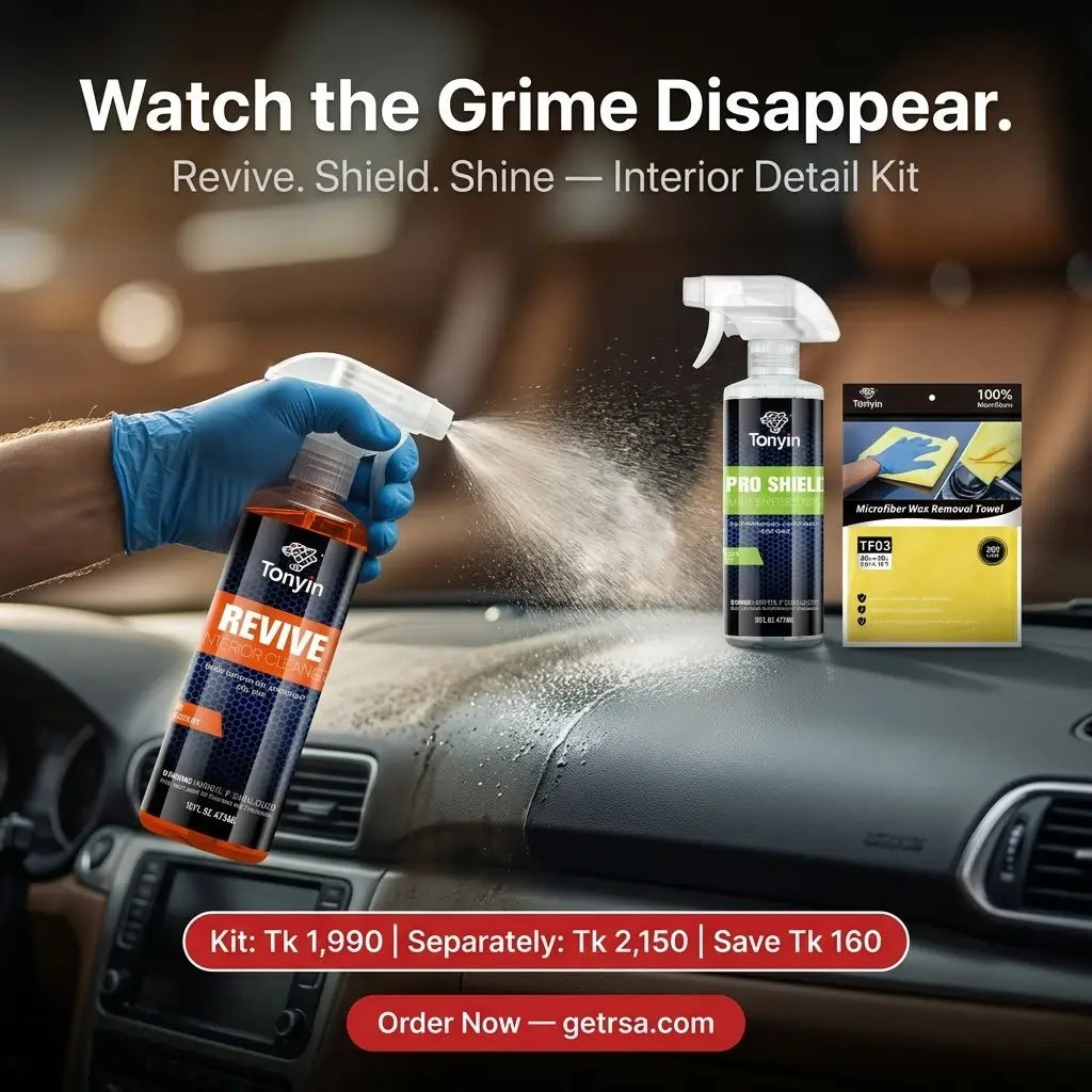 Rocket Science Alliance interior detailing kit with cleaner, detailer, and microfiber towel for car interior cleaning.
