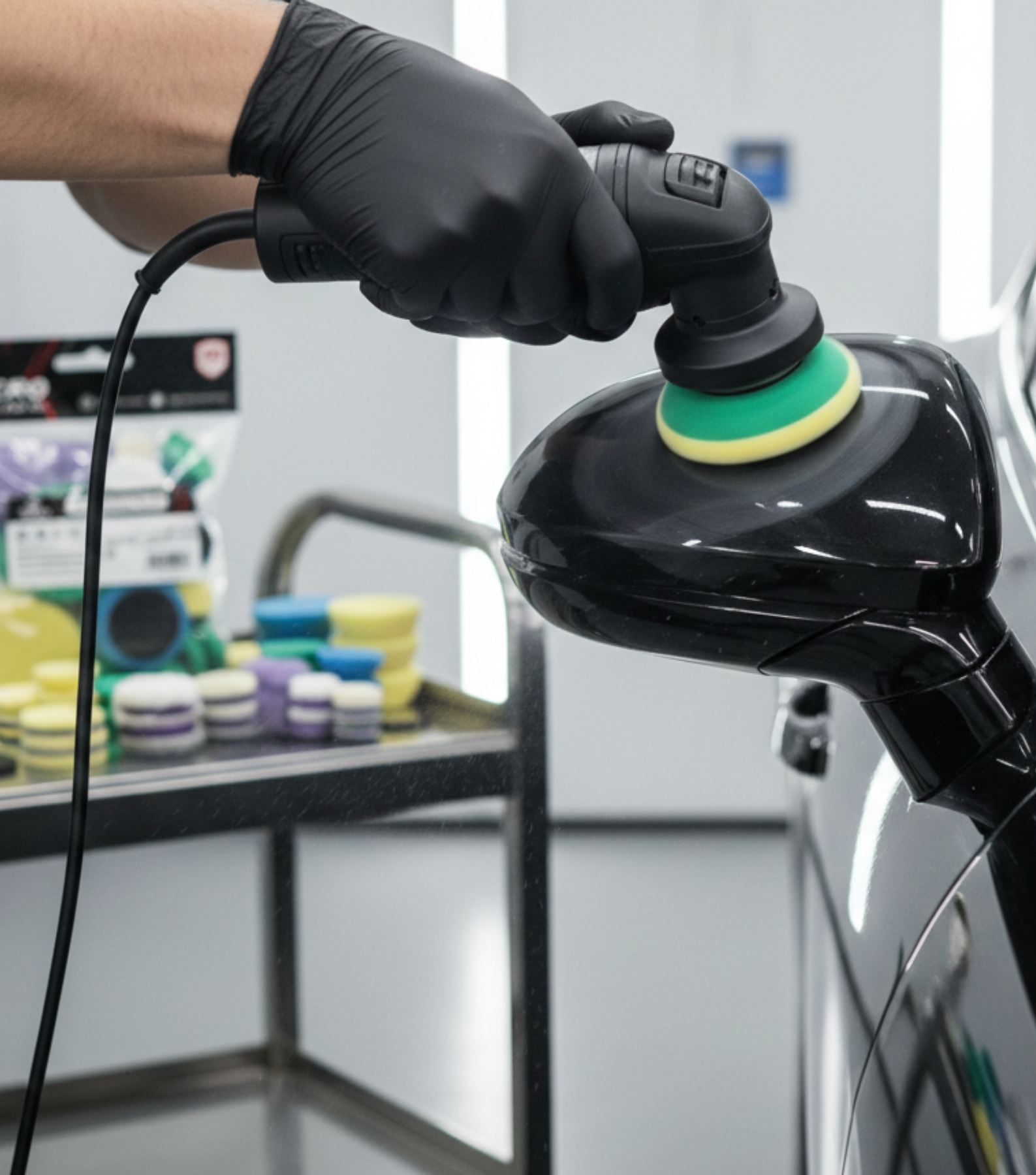 Pads for Nano Cordless Polisher TP27 by Rocket Science Alliance, shown attached to the polisher in a close-up image.