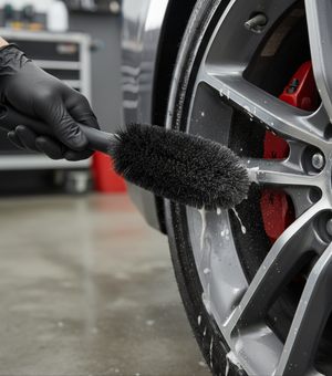 Rocket Science Alliance short handle wheel and fender brush for scratch-free deep cleaning of vehicle surfaces.