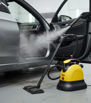 Rocket Science Alliance TT26 steam cleaner with a sleek handheld design and detachable cleaning attachments.
