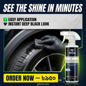 Rocket Science Alliance Tyre & Trim Shine Armor 500ml bottle, showcasing a glossy, deep wet look for tires and trim.