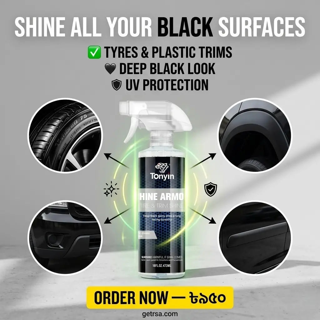 Rocket Science Alliance Tyre & Trim Shine Armor 500ml bottle showing glossy, wet-look finish on car tires and trim.