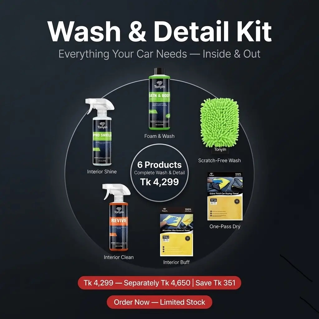 Rocket Science Alliance Wash & Detail Kit with snow foam, wash mitt, drying towel, and interior detailing tools for car cleaning.