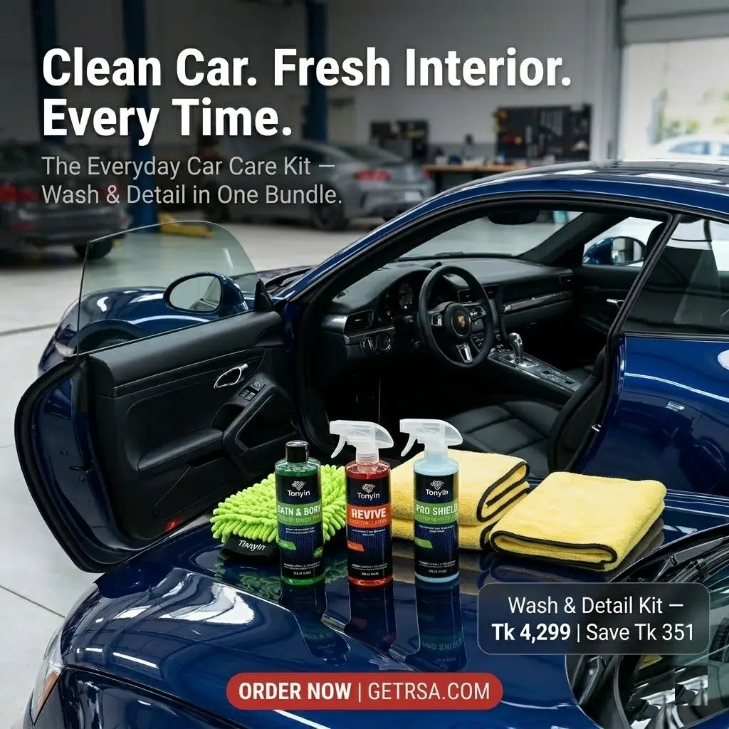 Rocket Science Alliance Wash & Detail Kit with snow foam, wash mitt, drying towel, and interior detailing tools for car cleaning.