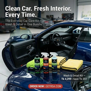 Rocket Science Alliance Wash & Detail Kit with snow foam, wash mitt, drying towel, and interior detailing tools for car cleaning.