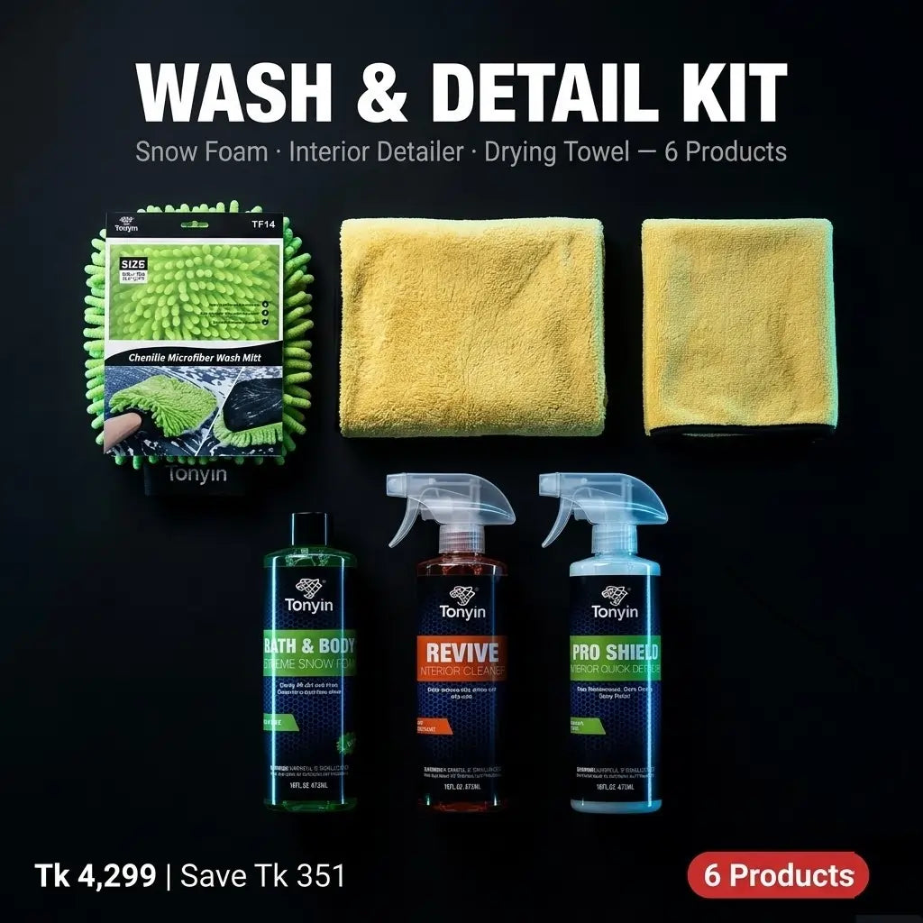 Rocket Science Alliance Wash & Detail Kit with snow foam, wash mitt, drying towel, and interior detailing tools for car cleaning.