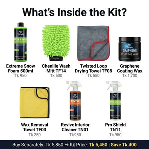 Rocket Science Alliance Wash, Graphene Wax & Shine Car Care Kit with bottles and applicators for full vehicle detailing.