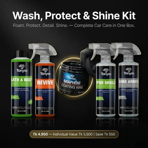 Rocket Science Alliance Wash, Protect & Shine Car Care Kit with bottles of cleaning, protection, and polishing products for vehicle shine.