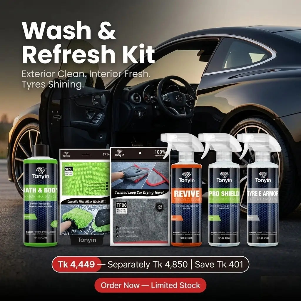 Rocket Science Alliance Wash & Refresh Kit includes snow foam, interior detailer, and tyre shine for complete car cleaning and detailing.