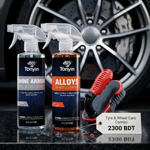 Rocket Science Alliance Wheel & Tyre Care Kit with cleaning brushes and polish for shiny, alloy-safe wheels and tires.