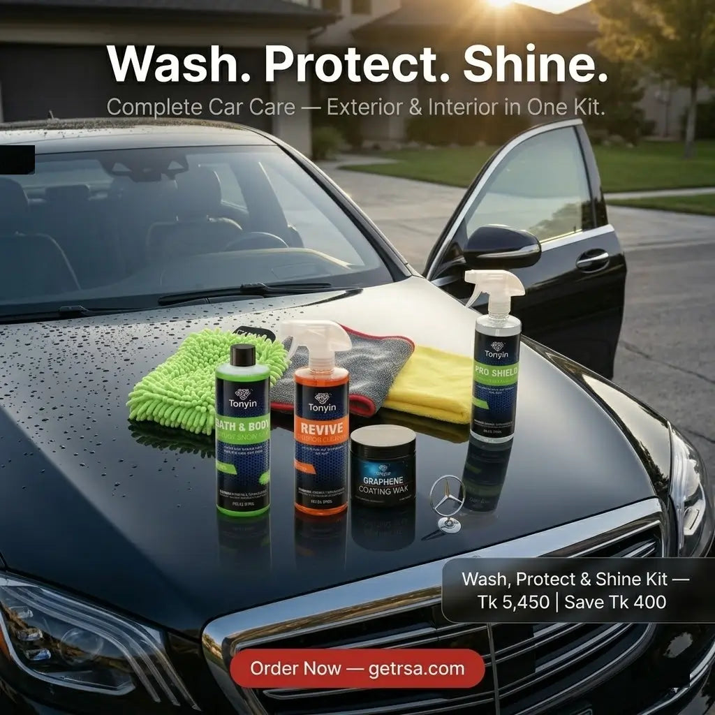 Rocket Science Alliance Graphene Wax & Shine Kit for full car care detailing, featuring bottles, applicators, and microfiber cloths.
